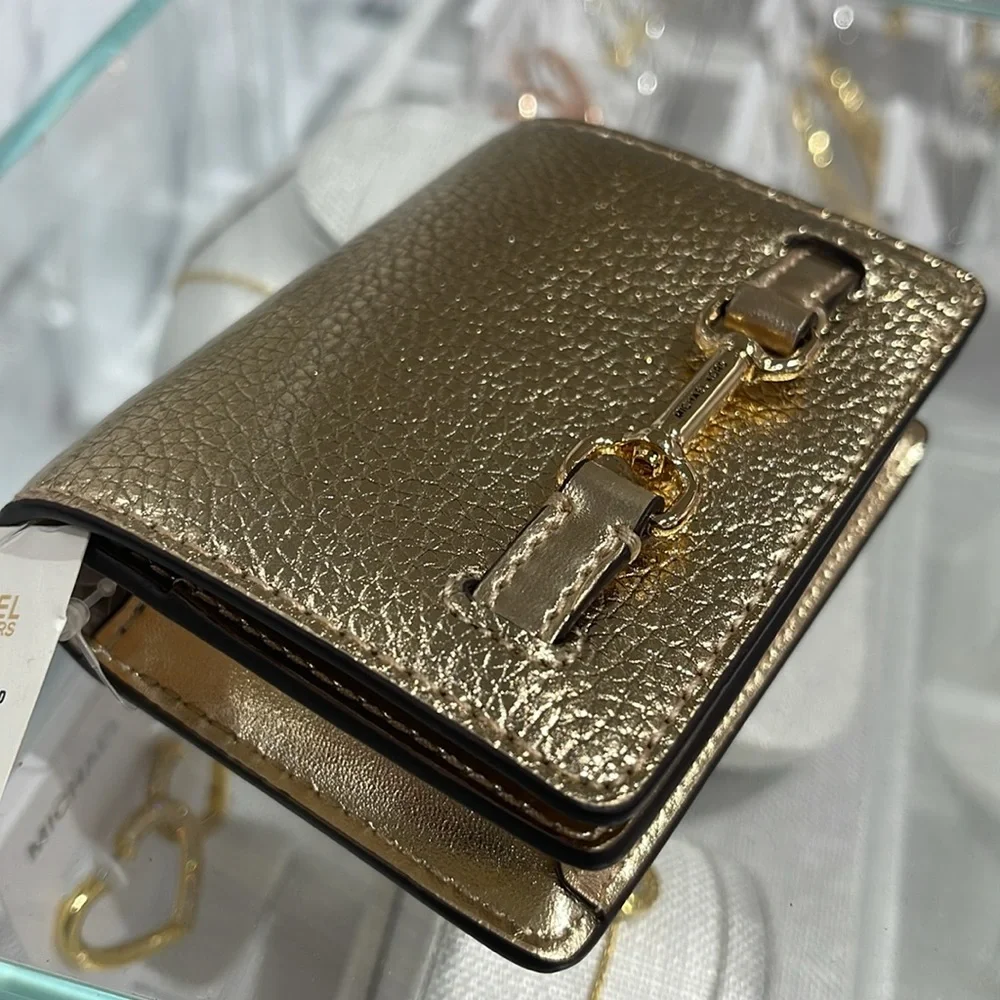 MICHAEL KORS Carson Small Metallic Pebbled Leather Wallet Pale Gold  NWT